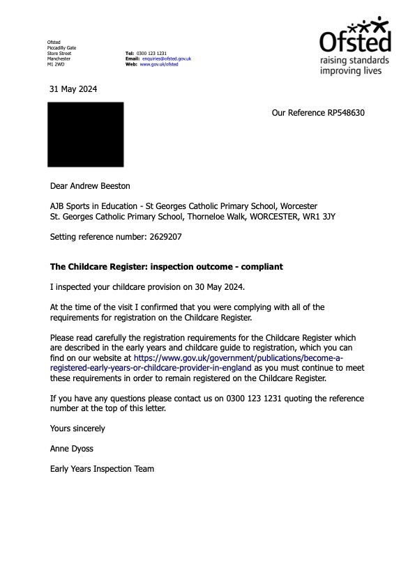 Ajb sports in education childcare register inspection letter may 2024