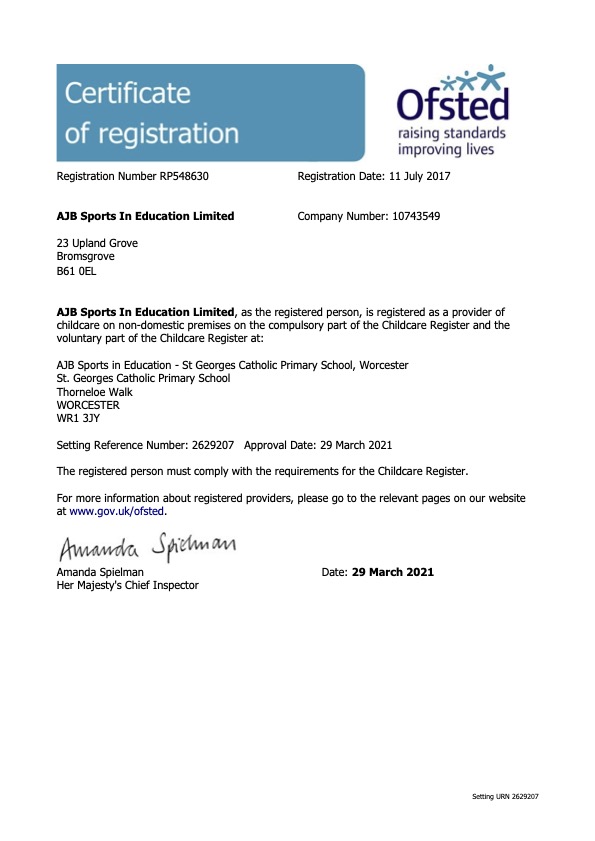 Ajb and st georges catholic ey registration certificate